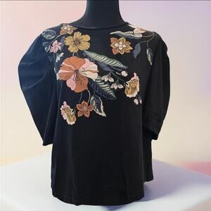 Zara black half puff sleeve floral print pull over blouse.